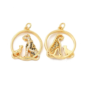Brass Micro Pave Cubic Zirconia Pendants, with Jump Ring, Flat Round with Cheetah/Leopard Charm, Golden, Black, 23x20x3.5mm, Hole: 3mm