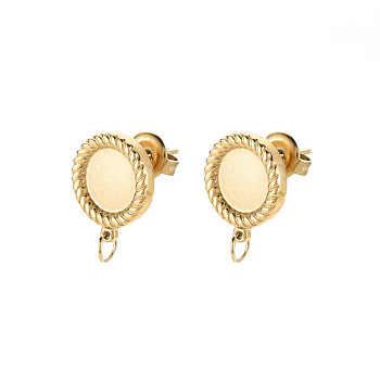 Ion Plating(IP) 304 Stainless Steel Stud Earring Findings, Earring Setting for Enamel, with Jump Rings and Ear Nuts, Flat Round, Real 18K Gold Plated, 13.5x11.5mm, Hole: 2.5mm, Pin: 0.7mm, Tray: 7mm