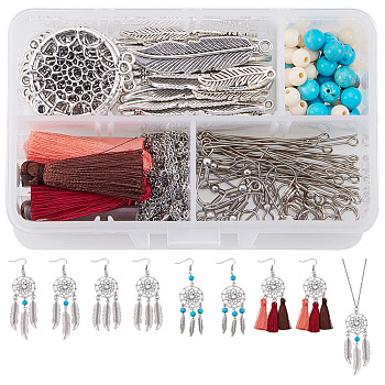 SUNNYCLUE DIY Woven Net/Web with Feather Earring and Necklace Making, with Alloy Pendant, Nylon Tassel, Acrylic Bead, 304 Stainless Steel Rope Chain Necklace and 316 Stainless Steel Earring Hook, Mixed Color, 11x7x3cm