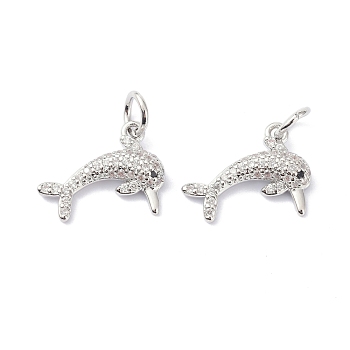 Brass Cubic Zirconia Charms, with Jump Ring, Long-Lasting Plated, Lead Free & Cadmium Free, Dolphin, Real Platinum Plated, 11x14x2.5mm