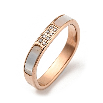 Ion Plating(IP) 304 Stainless Steel Rectangle Finger Ring, with White Shell and Cubic Zirconia, Rose Gold, Inner Diameter: 17mm