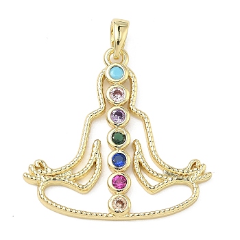Brass Pave Cubic Zirconia Pendants, Chakra Yoga Charms, Long-Lasting Plated, Rack Plating, Lead Free & Cadmium Free, Real 18K Gold Plated, 27x28x2mm, Hole: 5.5x3.5mm