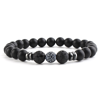 Round Natural Crakled Black Agate Beaded Stretch Bracelets for Women Men, with Frosted Black Onxy Beads