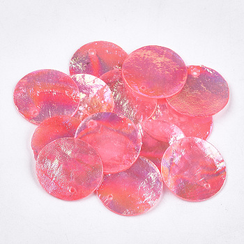 AB Color Plated Capiz Shell Pendants, Dyed, Flat Round, Deep Pink, 24~25x1~2mm, Hole: 1.5mm