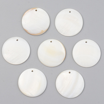 Natural Freshwater Shell Pendants, Flat Round, Seashell Color, 30x3.5mm, Hole: 1.8mm