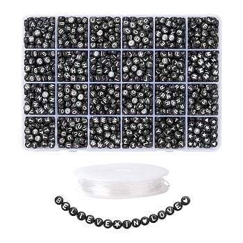 DIY Jewelry Making Kits, Including Black Round Acrylic Beads White Letter, Elastic Crystal Thread, Black, 1920Pcs/Set
