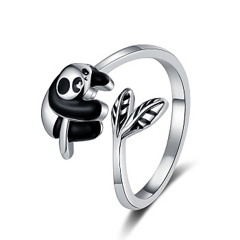 Cute Panda Brass Enamel Open Cuff Ring for Women, Platinum, Black, Inner Diameter: 17mm