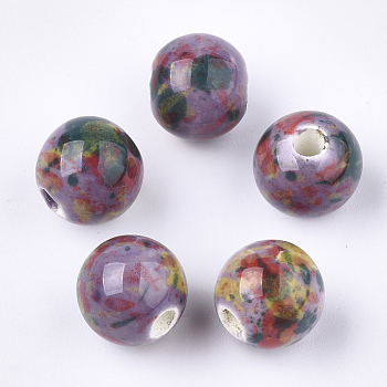 Handmade Porcelain Beads, Fancy Antique Glazed Porcelain, Round, Colorful, 10.5x9.5mm, Hole: 2.5mm