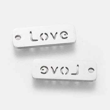 5Pcs 304 Stainless Steel Pendants, Inspirational Message Pendants, Rectangle with Word Love, Stainless Steel Color, 17x6x1mm, Hole: 1.5mm