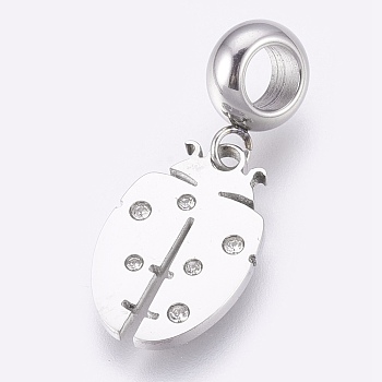 304 Stainless Steel European Dangle Charms, Large Hole Pendants, with Rhinestone, Ladybug, Stainless Steel Color, Crystal, 26.5mm, Hole: 4mm, Pendant: 16.5x11x1.5mm