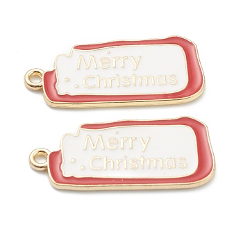 Alloy Enamel Pendants, for Christmas, Light Gold Plated, Rectangle with Word Merry Christmas, White, 28.5x13.5x1mm, Hole: 1mm