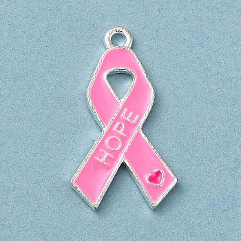Breast Cancer Pink Awareness Ribbon Theme Alloy Enamel Pendants, Silver, Awareness Ribbon, 24x13.5x1.5mm, Hole: 1.5mm