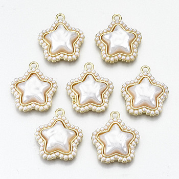 Rack Plating Alloy Pendants, with White ABS Plastic Imitation Pearl, Cadmium Free & Nickel Free & Lead Free, Star, Light Gold, 21.5x19x6mm, Hole: 2mm