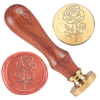 Wax Seal Stamp Set, Golden Plated Sealing Wax Stamp Solid Brass Head, with Retro Wood Handle, for Envelopes Invitations, Gift Card, Peony, 83x22mm, Head: 7.5mm, Stamps: 25x14.5mm