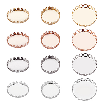 24Pcs 12 Style 304 Stainless Steel Cabochon Settings, Lace Edge Bezel Cups with Glass Cabochons, Mixed Color, 2pcs/style