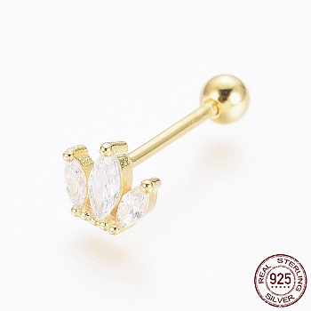 925 Sterling Silver Barbell Cartilage Earrings, Screw Back Earrings, with Cubic Zirconia, Crown, Golden, 5x6x2mm, Pin: 0.8mm