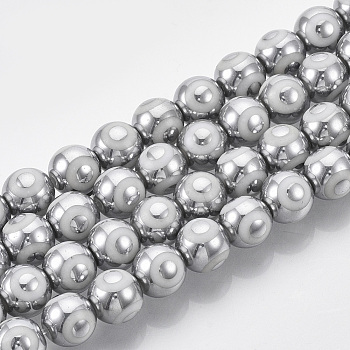 Electroplate Glass Beads Strands, Round with Evil Eye Pattern, Silver, 8x7.5mm, Hole: 1.2mm, about 40pcs/strand, 12.2 inch