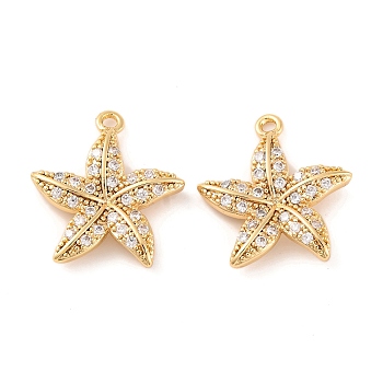 Brass Micro Pave Clear Cubic Zirconia Pendants, Starfish, Real 18K Gold Plated, 19x16.5x3mm, Hole: 1.4mm