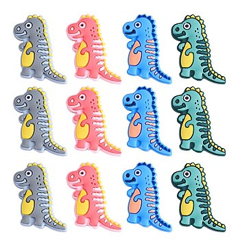 12Pcs 4 Colors Silicone Beads, Chewing Beads For Teethers, DIY Nursing Necklaces Making, Dinosaur, Mixed Color, 33x21.5x7mm, Hole: 3mm