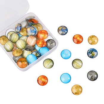 Luminous Glass Cabochons, Planet Pattern, Half Round, Mixed Color, 15x4mm, 50pcs/box