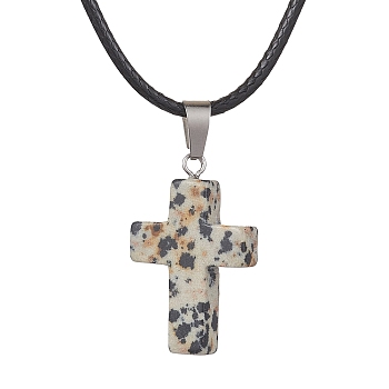 Natural Dalmatian Jasper Cross Pendant Necklaces, with Imitation Leather Cords, 17.80 inch(45.2cm)
