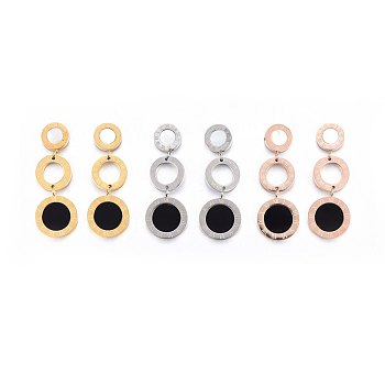 304 Stainless Steel Dangle Stud Earrings, with Shell, Flat Round, Mixed Color, 33x12x3mm, Pin: 0.8mm
