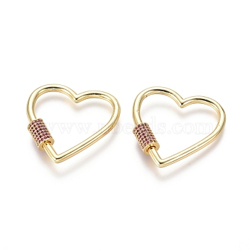 Brass Micro Pave Cubic Zirconia Screw Carabiner Lock Charms, for Necklaces Making, Heart, Golden, Camellia, 31x31x3mm(ZIRC-I031-11G-02)