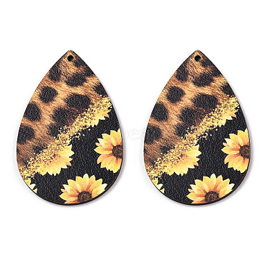 Single Face Sunflower Printed Wood Big Pendants(WOOD-TAC0021-01D)-2