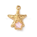 304 Stainless Steel Acrylic Pendants, Textured Starfish Charms, Golden, Pink, 22x16x4.5mm, Hole: 1.8mm(STAS-B139-04G-01)