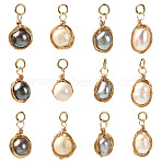 12Pcs 4 Styles Copper Wire Wrapped Natural Cultured Freshwater Pearl Pendants, Mixed Shapes, Golden, Mixed Color, 20mm, 3pcs/style(PALLOY-YW00227)