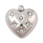 304 Stainless Steel Micro Pave Cubic Zirconia Pendants, Heart, Stainless Steel Color, 16x15x4.5mm, Hole: 1.8mm(STAS-S131-15P)