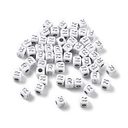 Opaque Acrylic Beads, Square with Letter, Silver Metal Enlaced, Letter R, 5x5x5mm, Hole: 2mm, about 5000ocs(OACR-D282-06R)