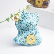 Resin Fortune Cat Display Decoration, with Synthetic Turquoise Chips inside Statues for Home Office Decorations, 55x40x60mm(PW-WG70599-01)