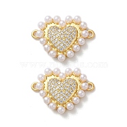 Brass Micro Pave Clear Cubic Zirconia Heart Links, with ABS Plastic Imitation Pearl, Real 16K Gold Plated, 16x21.5x3.5mm, Hole: 1.2mm(KK-M287-02G)