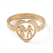 Ion Plating(IP) 201 Stainless Steel Heart with Lovers Adjustable Ring for Valentine's Day, Real 18K Gold Plated, US Size 6 1/4(16.7mm)(RJEW-K238-11G)