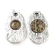 Brass Pendants, with Jump Ring, Textured, Oval with Chinese Zodiac Charm, Antique Silver & Antique Golden, 27x16x3mm, Hole: 3.5mm(KK-Q800-24AS)