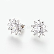 Cubic Zirconia Stud Earrings, with Brass Findings, Flower, Clear, Platinum, 14x4.5mm, Pin: 0.7mm(EJEW-P167-06P)