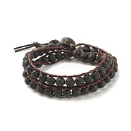 Round Natural Lava Rock Braided Wrap Bracelet, Essential Oil Gemstone Two Loops Bracelet for Women, 17-3/8 inch(44cm)(BJEW-JB08176)