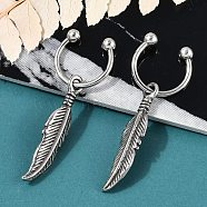 Feather 316 Surgical Stainless Steel Dangle Half Hoop Earrings for Women, Antique Silver, 35.5x5.5mm(EJEW-G416-46AS)