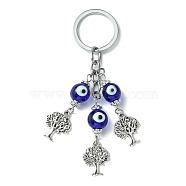 Alloy Tree of Life Pendant Keychain, with Handmade Evil Eye Lampwork Beads and Split Key Rings, Dark Blue, 10.5cm(KEYC-JKC00540-01)