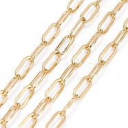 Soldered Brass Paperclip Chains, Flat Oval, Drawn Elongated Cable Chains, Long-Lasting Plated, with Spool, Real 18K Gold Plated, 6x2.5~3x0.5mm, about 16.4 Feet(5m)/roll(CHC-G005-06G)