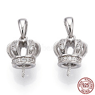 Rhodium Plated 925 Sterling Silver Micro Pave Cubic Zirconia Screw Eye Peg Bails, Crown, For Half Drilled Beads, Nickel Free, with S925 Stamp, Real Platinum Plated, 10x8x8mm, Hole: 2x3.3mm, Pin: 0.7mm(STER-T004-72P)