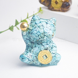 Resin Fortune Cat Display Decoration, with Synthetic Turquoise Chips inside Statues for Home Office Decorations, 55x40x60mm(PW-WG70599-01)