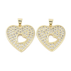 Heart Brass Micro Pave Cubic Zirconia Pendants, Cadmium Free & Lead Free, Long-Lasting Plated, Real 18K Gold Plated, Clear, 22x22x2mm, Hole: 4x3.5mm(KK-E102-05G)