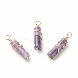 Natural Lepidolite Pendants, with Light Gold Tone Eco-Friendly Copper Wire Wrapped, Column, 20~21x5~5.5mm, Hole: 2.3~2.8mm(PALLOY-JF01453-09)