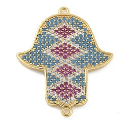 Rack Plating Brass Micro Pave Colorful Cubic Zirconia Religion Hamsa Hand Connector Charms, Long-Lasting Plated, Lead Free & Cadmium Free, Real 18K Gold Plated, 28.5x23.5x2mm, Hole: 1.2mm(KK-A234-048G)