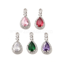 Glass Pendants, with Brass Findings, Teardrop, Real Platinum Plated, 16x7.5x3.5mm, Hole: 1.2mm(KK-P260-10P)