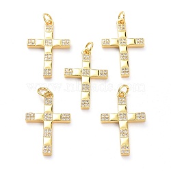 Brass Micro Pave Clear Cubic Zirconia Pendants, with Jump Ring, Long-Lasting Plated, Cross, Real 18K Gold Plated, 25x16x2mm, Jump Rings: 5x1mm, 3.5mm Inner Diameter(ZIRC-L100-090G)