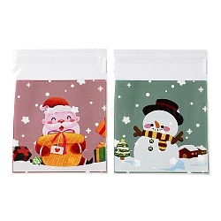 Christmas Theme Plastic Bakeware Bag, with Self-adhesive, for Chocolate, Candy, Cookies, Square with Santa Claus & Snowman, Mixed Shapes, 131~132x99~100x0.1mm, Inner Diameter: 99.5~100x99.5~100mm, 2 styles, 50pcs/style, 100pcs/bag(ABAG-F006-02A)