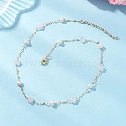Natural Rose Quartz Star & Natural Freshwater Pearl & Brass Link Chain Necklaces, Golden, 15.75 inch(40cm)(NJEW-JN05687-01)